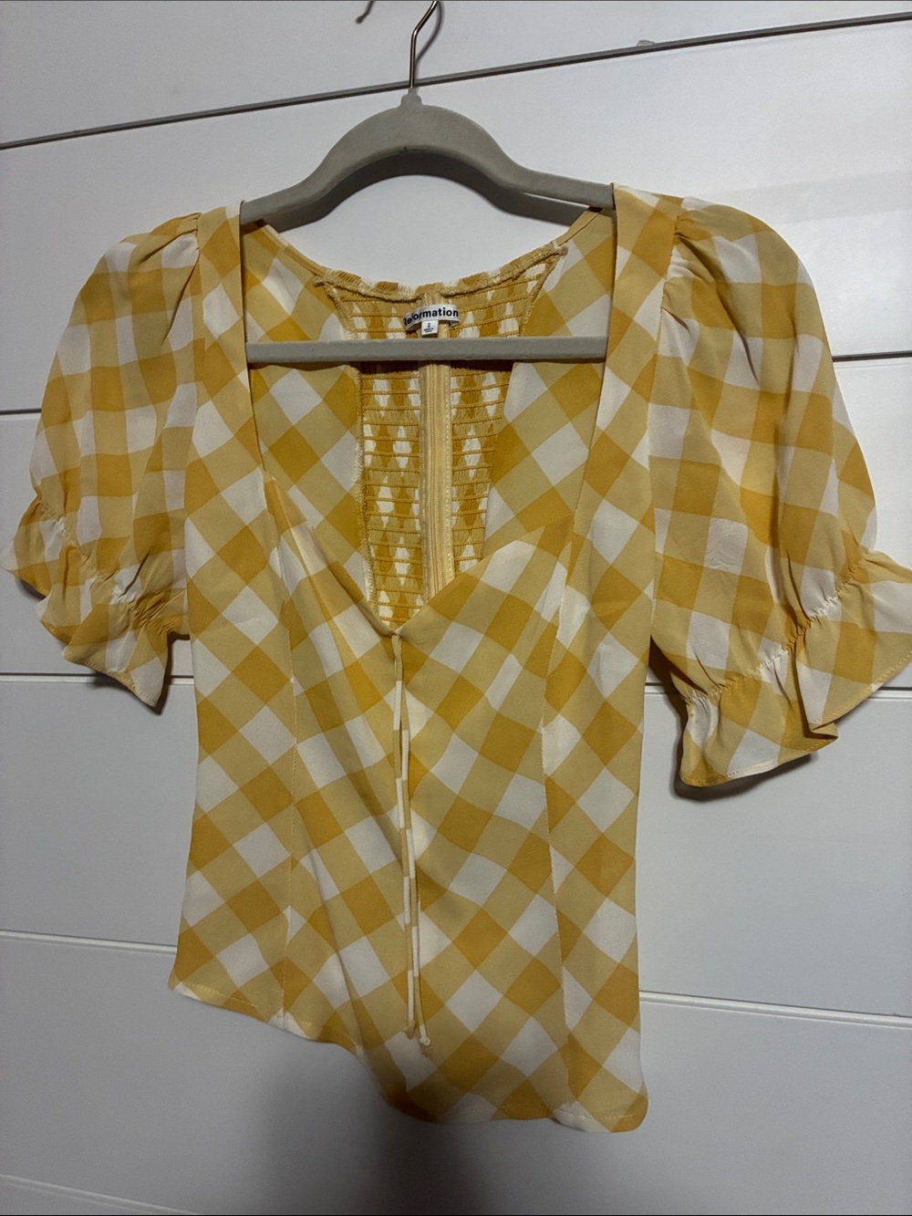Reformation Yellow Gingham Square-Neck Puff Sleeve Top size 2 - Picture 4 of 6